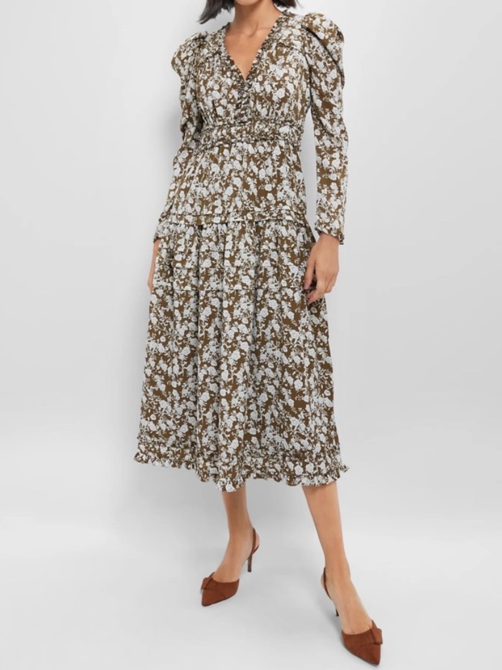 Tuckernuck Hyacinth House Olive Floral Renee Ruffle Midi Dress Size XL New